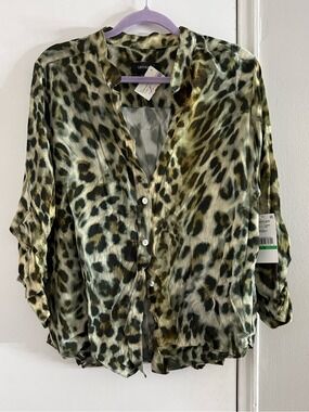 Karen Kane 3/4 Leopard Print Button Down Viscose Top Olive Blouse Large $140